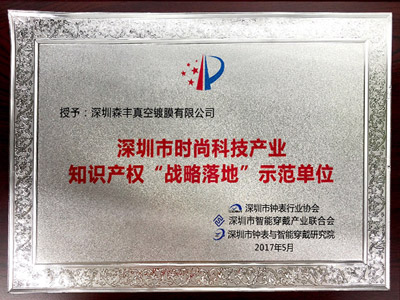 森豐五金真空電鍍廠家榮譽(yù)-時(shí)尚科技產(chǎn)業(yè)知識(shí)產(chǎn)權(quán)“戰(zhàn)略落地”示范單位